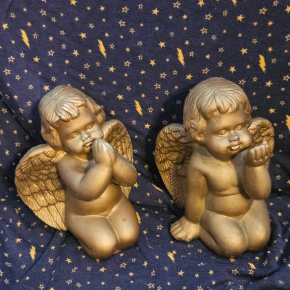 CAFFCO Angel Figurines Kneeling Gold Cherub Pair Vintage Decor Set - Picture 2 of 16